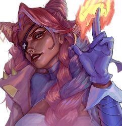 Rule 34 | 1girl, blue hair, braid, breasts, cedrof, dark-skinned female, dark skin, eyepatch, fire, fire, gloves, highres, jacket, large breasts, league of legends, long hair, looking at viewer, mole, mole above mouth, multicolored hair, pink hair, pink jacket, purple gloves, purple hair, red hair, samira, simple background, soul fighter samira, teeth, upper body, white background