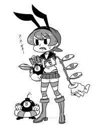 Rule 34 | 184nx, boots, cosplay, cyborg, full body, george the bomb, gloves, greyscale, highres, kantai collection, monochrome, navel, peacock (skullgirls), rabbit ears, sailor collar, sharp teeth, shimakaze (kancolle), shimakaze (kancolle) (cosplay), short hair, skirt, skullgirls, standing, striped clothes, striped thighhighs, sweatdrop, teeth, thighhighs, thong