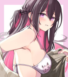 Rule 34 | 1girl, alternate costume, azki (hololive), bikini, black hair, blush, breasts, close-up, colored inner hair, crown, from behind, hololive, looking at viewer, looking back, medium breasts, multicolored hair, parted lips, pink background, pink hair, purple eyes, solo, swimsuit, two-tone background, upper body, virtual youtuber, white background, white bikini, yuuzuki (re&#039;ef)
