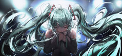 Rule 34 | 1girl, absurdly long hair, absurdres, aqua hair, black sleeves, chinese commentary, closed eyes, collared shirt, commentary, detached sleeves, floating hair, green necktie, grey shirt, hatsune miku, highres, long hair, long sleeves, necktie, own hands together, parted lips, shirt, sishima, sleeveless, sleeveless shirt, solo, twintails, very long hair, vocaloid, wing collar
