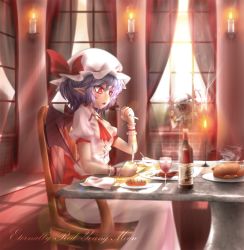 Rule 34 | 2girls, ascot, bat wings, blonde hair, blush, bottle, candle, chair, cup, curtains, dress, drinking glass, eating, english text, fire, flandre scarlet, food, fork, hat, hat ribbon, highres, indoors, knife, light purple hair, looking at another, mob cap, multiple girls, pink dress, plate, pointy ears, puffy sleeves, red eyes, remilia scarlet, ribbon, sash, shaded face, short hair, short sleeves, sitting, solo focus, table, teacup, text focus, touhou, welchsbinn, window, wine bottle, wine glass, wings, wrist cuffs