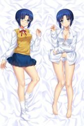 Rule 34 | 1girl, barefoot, blue eyes, blue hair, blue skirt, blush, bow, bow panties, breasts, ciel (tsukihime), closed mouth, commentary request, dakimakura (medium), glasses, highres, looking at viewer, lying, multiple views, neck ribbon, on back, panties, pleated skirt, red ribbon, ribbon, shirt, short hair, skirt, smile, socks, standing, tonee, tsukihime, underwear, vest, white legwear, white panties, white shirt, yellow vest