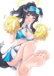 Rule 34 | 1girl, barefoot, black hair, blue archive, blush, breasts, cheerleader, cleavage, feet, foot focus, from below, halo, hibiki (blue archive), hibiki (cheer squad) (blue archive), highres, hinosaki, leg up, long hair, millennium cheerleader outfit (blue archive), open mouth, panties, pantyshot, pom pom (cheerleading), simple background, soles, solo, tail, toes, underwear, white background