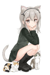 Rule 34 | 1girl, animal, animal ears, ass, black bow, black footwear, black hairband, black jacket, black skirt, blush, boots, bow, brown eyes, cat, cat ears, cat girl, cat tail, closed mouth, commentary request, cross-laced footwear, flipper, full body, girls und panzer, grey hair, hair between eyes, hair bow, hairband, hands up, highres, jacket, kemonomimi mode, lace-up boots, long hair, long sleeves, one side up, panties, pleated skirt, shadow, shimada arisu, skirt, solo, squatting, tail, underwear, white background, white panties