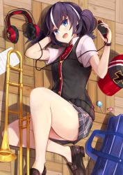 Rule 34 | 1girl, :d, ass, azur lane, bag, bare legs, baseball cap, blue eyes, bracelet, breasts, brown footwear, buttons, candy, collared shirt, duffel bag, food, grey skirt, hands up, hat, headphones, headphones removed, highres, holding, instrument, jewelry, loafers, lollipop, long hair, looking at viewer, lying, marshall k, miniskirt, multicolored hair, necktie, no socks, on floor, on side, open mouth, plaid, plaid skirt, pleated skirt, purple hair, red necktie, school bag, school uniform, shadow, shirt, shoes, short sleeves, sidelocks, skirt, small breasts, smile, solo, streaked hair, thighs, trombone, twintails, u-101 (azur lane), u-101 (ironbrass trombonist) (azur lane), unworn hat, unworn headwear, vest, white shirt, wooden floor, wrapped candy