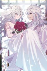 Rule 34 | 1boy, 1girl, alternate costume, alternate hairstyle, artist name, bare shoulders, bouquet, bridal veil, carrying, carrying person, choker, collarbone, collared shirt, commentary request, couple, dress, fate/grand order, fate (series), flower, formal, grey hair, grin, hair between eyes, hair flower, hair ornament, hetero, highres, holding, holding bouquet, husband and wife, kriemhild (fate), long hair, looking at another, meiji ken, necktie, pants, princess carry, profile, red flower, red rose, rose, shirt, short ponytail, siegfried (fate), sleeveless, sleeveless dress, smile, strapless, strapless dress, suit, veil, wedding dress, white choker, white dress, white flower, white necktie, white pants, white rose, white shirt, white suit