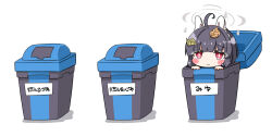 Rule 34 | 1girl, ahoge, black hair, blue archive, blush stickers, chibi, closed mouth, commentary request, halo, headgear, highres, in container, in trash can, komakoma (magicaltale), leaf, leaf on head, miyu (blue archive), peeking out, red eyes, shadow, simple background, solo, translation request, white background