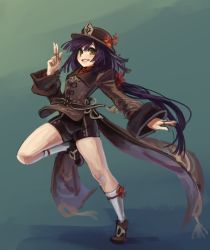 Rule 34 | 1girl, black shorts, commentary, cosplay, english commentary, flower, full body, genshin impact, grin, hat, hat flower, highres, hu tao (cosplay), hu tao (genshin impact), long hair, long sleeves, looking at viewer, low ponytail, monorus, purple hair, short shorts, shorts, simple background, sketch, smile, socks, solo, very long hair, white socks, yellow eyes