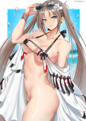 Rule 34 | 1girl, ass, bare shoulders, bikini, blue sky, blurry, blurry background, border, bottomless, breasts, brown eyes, brown hair, cleavage, closed mouth, collarbone, cyicheng, earrings, eyewear on head, fate/grand order, fate (series), hair ornament, jewelry, long hair, medium breasts, multiple earrings, navel, open clothes, robe, sky, smile, sunglasses, swimsuit, twintails, very long hair, water drop, white bikini, white border, yu mei-ren (fate), yu mei-ren (swimsuit lancer) (fate)