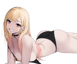 Rule 34 | 1girl, arched back, ass, barbell piercing, bikini, black bikini, black choker, blonde hair, breasts, choker, colored tips, commentary, ear piercing, eyebrows hidden by hair, floral print, grin, highres, industrial piercing, kitagawa marin, knatb, long hair, looking at viewer, lying, medium breasts, multicolored hair, on stomach, parted bangs, piercing, print bikini, simple background, smile, solo, sono bisque doll wa koi wo suru, swimsuit, symbol-only commentary, untied bikini, white background