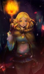 Rule 34 | 1girl, absurdres, apririnn, blonde hair, blue eyes, braid, cape, cloak, commentary request, crown braid, dark background, fingerless gloves, fire, gloves, hair ornament, hairclip, highres, holding, holding torch, long sleeves, looking at viewer, nintendo, parted bangs, pointy ears, princess zelda, short hair, solo, the legend of zelda, the legend of zelda: breath of the wild, the legend of zelda: tears of the kingdom, thick eyebrows, torch