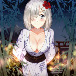 Rule 34 | 1girl, arms behind back, bamboo, bamboo forest, blush, breasts, cleavage, collarbone, flower, forest, grey eyes, hair flower, hair ornament, hair over one eye, hamakaze (kancolle), highres, japanese clothes, kantai collection, kimono, large breasts, leaning forward, looking at viewer, marie mushroom, nature, night, obi, outdoors, print kimono, red flower, sash, short hair, silver hair, sky, smile, solo, star (sky), starry sky, torii, white kimono