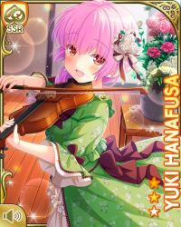 Rule 34 | 1girl, bow, braid, braided ponytail, brown bow, card (medium), chair, curtains, day, dress, flower, frilled dress, frills, girlfriend (kari), green dress, hair flower, hair ornament, hanafusa yuki, indoors, instrument, music, official art, open mouth, pink hair, playing instrument, ponytail, qp:flapper, red eyes, red flower, red rose, rose, scrunchie, smile, solo, standing, tagme, vase, violin, white flower, white rose