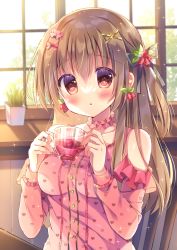 Rule 34 | 1girl, :o, blouse, blush, breasts, brown eyes, brown hair, clothing cutout, collarbone, commentary request, cup, day, hair between eyes, hair ornament, hairclip, hands up, holding, holding cup, indoors, kouta., long sleeves, looking at viewer, medium breasts, one side up, original, parted lips, pink shirt, shirt, shoulder cutout, solo, sunlight, window, x hair ornament