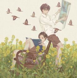 Rule 34 | 2boys, book, brown eyes, brown hair, brown shorts, bug, butterfly, chair, collared shirt, field, flower, holding, holding book, holding map, insect, kogaayumi, long sleeves, male focus, map, multiple boys, open book, open mouth, original, outdoors, plant, reading, shirt, short hair, shorts, sitting, smile, white shirt, yellow flower