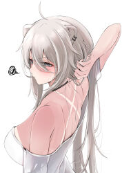 Rule 34 | 1girl, ahoge, animal ears, back, bare shoulders, black choker, blush, breasts, choker, earclip, from behind, grey eyes, grey hair, hair between eyes, highres, holding own hair, hololive, large breasts, lion ears, lion girl, long hair, looking at viewer, messy hair, nerorigogo, shirt, shishiro botan, sideboob, simple background, solo, sweat, t-shirt, upper body, virtual youtuber, white background, white shirt