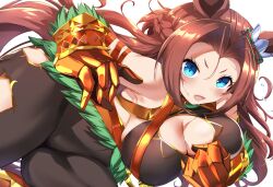 Rule 34 | 1girl, absurdres, alternate costume, animal ears, armpits, bare shoulders, black pantyhose, blue eyes, blush, braid, breasts, brown hair, cleavage, clenched hand, commentary request, cosplay, ear ornament, el condor pasa (kukulkan monk) (umamusume), el condor pasa (umamusume), el condor pasa (umamusume) (cosplay), french braid, hair intakes, highres, horse ears, horse girl, horse tail, kawakami princess (umamusume), large breasts, long hair, looking at viewer, maou (maoudaisukiya), open mouth, panties, pantyhose, simple background, solo, tail, umamusume, underwear, v-shaped eyebrows, white background