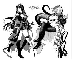 Rule 34 | 2girls, arknights, artist name, between breasts, boots, breasts, character request, coat, commentary request, copyright name, crossed legs, dress, expressionless, feathered wings, fingerless gloves, gloves, greyscale, hair between eyes, head wings, highres, ho&#039;olheyak (arknights), horns, ines (arknights), knee boots, kyo zip, long coat, long hair, long sleeves, long tail, medium breasts, medium hair, miniskirt, monochrome, multiple girls, open clothes, open coat, open mouth, pantyhose, pencil dress, scales, shoes, simple background, sitting, skirt, smile, snake tail, strap between breasts, sword, tail, twitter username, very long hair, wavy hair, weapon, wide sleeves, wings