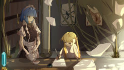 Rule 34 | 2girls, absurdres, apron, awmin, blonde hair, blue eyes, blue hair, blurry, day, highres, indoors, long hair, maid, maid apron, map (object), multiple girls, original, paper stack, pouring, puffy short sleeves, puffy sleeves, quill, shirt, short sleeves, standing, sunlight, table, teapot, white shirt, writing