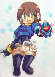 Rule 34 | 1girl, aile (mega man zx), blush, bodystocking, bracelet, breasts, brown hair, covered navel, cropped legs, dated, gloves, green eyes, hair between eyes, holding, iroyopon, jewelry, layered sleeves, biometal, long sleeves, mega man (series), mega man zx, model x (mega man), open mouth, pantyhose, pantyhose under shorts, pocket, puffy short sleeves, puffy sleeves, robot ears, short hair, short over long sleeves, short shorts, short sleeves, shorts, signature, simple background, small breasts, solo, teeth, white shorts