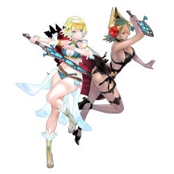 Rule 34 | 2girls, ass, belt, bikini, black one-piece swimsuit, blonde hair, blue eyes, bracelet, breasts, cleavage, collarbone, criss-cross halter, dark-skinned female, dark skin, earrings, feather trim, female focus, fire emblem, fire emblem heroes, fjorm (fire emblem), fjorm (summer) (fire emblem), flower, full body, gradient eyes, gradient hair, green hair, hair flower, hair ornament, hairband, halterneck, hibiscus, high heels, highres, holding, holding sword, holding weapon, jewelry, laegjarn (fire emblem), large breasts, leg up, maeshima shigeki, medium breasts, multicolored eyes, multicolored hair, multiple girls, navel, nintendo, non-web source, official alternate costume, one-piece swimsuit, orange hair, parted lips, red eyes, sandals, seashell, shell, short hair, sideboob, solo, standing, starfish, stomach, swimsuit, sword, thigh strap, thighs, toeless footwear, toes, transparent background, weapon