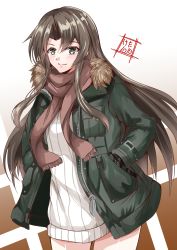 Rule 34 | 1girl, absurdres, alternate hairstyle, artist logo, beige dress, brown background, coat, commentary request, dress, fur-trimmed jacket, fur trim, gradient background, green eyes, green jacket, grey hair, hands in pockets, highres, jacket, kantai collection, kentan (kingtaiki), long hair, looking at viewer, official alternate costume, one-hour drawing challenge, ribbed dress, ribbed sweater, solo, sweater, sweater dress, white background, winter clothes, winter coat, zuikaku (kancolle)