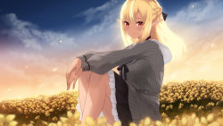 Rule 34 | 1girl, bad id, bad pixiv id, black neckwear, black ribbon, blonde hair, blush, braid, cait aron, closed mouth, dark-skinned female, dark skin, dress, feet out of frame, flower, hair ribbon, highres, hololive, knees up, long hair, long sleeves, looking at viewer, outdoors, own hands together, petals, pinstripe dress, pinstripe pattern, pointy ears, red eyes, ribbon, shiranui flare, shiranui flare (street), sitting, smile, solo, striped clothes, striped dress, virtual youtuber