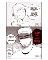 Rule 34 | 1boy, 2girls, 2koma, absurdres, anger vein, artist name, baseball cap, beard, bilingual, comic, commentary, dracko (panqlao), english commentary, english text, faceless, faceless female, facial hair, greyscale, hat, highres, mixed-language text, monochrome, multiple girls, original, panqlao, red eyes, shaded face, shirt, spanish text, spot color, t-shirt, thick eyebrows, watermark