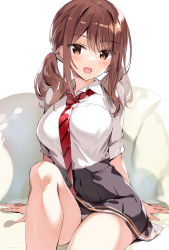 Rule 34 | 1girl, blush, breasts, brown eyes, brown hair, commentary, large breasts, low twintails, necktie, open mouth, original, oryo (oryo04), panties, pantyshot, pleated skirt, shirt, sitting, skirt, smile, solo, twintails, underwear, white shirt
