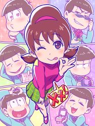 Rule 34 | 10s, 1girl, 6+boys, ;p, arm behind head, brothers, brown eyes, brown hair, closed eyes, flower, formal, green skirt, hairband, headphones, heart, heart-shaped pupils, heart hands, heart in mouth, jewelry, matsuno choromatsu, matsuno ichimatsu, matsuno jyushimatsu, matsuno karamatsu, matsuno osomatsu, matsuno todomatsu, messy hair, money gesture, multiple boys, nozomi uni, one eye closed, osomatsu-kun, osomatsu-san, osomatsu (series), paneled background, plaid, plaid skirt, ring, rose, sextuplets, short twintails, siblings, skirt, smile, sparkle, suit, sunglasses, symbol-shaped pupils, tongue, tongue out, turtleneck, twintails, yowai totoko