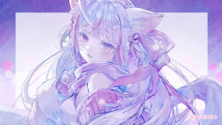 Rule 34 | 1girl, ahoge, animal ear fluff, animal ears, artist name, bare shoulders, blunt bangs, blush, border, breasts, copyright request, crying, crying with eyes open, grey hair, heterochromia, long hair, long sleeves, looking at viewer, medium breasts, mishiro (iromishiro), multicolored hair, open mouth, outside border, puffy long sleeves, puffy sleeves, purple border, purple eyes, purple hair, purple scarf, red eyes, scarf, simple background, sleeves past wrists, solo, streaked hair, tears, twitter username, two-tone hair, upper body, very long hair, wallpaper, white background