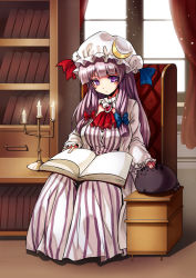 Rule 34 | 1girl, :3, absurdres, ascot, blank page, blush, blush stickers, book, book on lap, bookshelf, breasts, brooch, candle, candlelight, candlestand, cat, chair, coat, curtains, desk, detached collar, dress, expressionless, female focus, fire, full body, hair ribbon, hat, headpat, highres, jewelry, koissa, large breasts, light particles, long hair, mob cap, open book, patchouli knowledge, purple eyes, purple hair, reading, ribbon, sitting, solo, strapless, strapless dress, striped clothes, striped dress, taut clothes, taut dress, touhou, tress ribbon, window