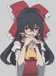 Rule 34 | 1girl, absurdres, ascot, black hair, chinese commentary, commentary request, crossed bangs, crying, crying with eyes open, detached sleeves, frilled hair tubes, frilled ribbon, frills, grey background, hair between eyes, hair ribbon, hair tubes, hakurei reimu, highres, long hair, neetsha, open mouth, red eyes, red ribbon, red shirt, ribbon, shirt, simple background, sleeveless, sleeveless shirt, solo, tears, touhou, upper body, white sleeves, yellow ascot