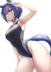 Rule 34 | 1girl, alternate costume, animal ears, arm up, armpits, black one-piece swimsuit, blue hair, blush, breasts, cesario (umamusume), commentary request, competition swimsuit, cowboy shot, ear ornament, hair between eyes, highleg, highleg swimsuit, highres, horse ears, horse girl, horse tail, looking at viewer, medium breasts, multicolored hair, one-piece swimsuit, pataneet, purple eyes, simple background, solo, streaked hair, sweat, swimsuit, tail, umamusume, white background, white hair