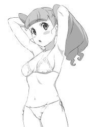 Rule 34 | 1girl, armpits, bikini, blunt bangs, blush stickers, breasts, copyright request, greyscale, hands up, highres, looking at viewer, medium breasts, monochrome, navel, osame, parted lips, side-tie bikini bottom, simple background, solo, swimsuit, twintails, white background