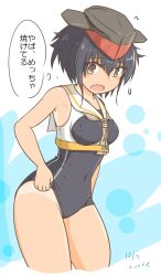 Rule 34 | 1girl, adapted costume, asymmetrical hair, black hair, black one-piece swimsuit, breast cutout, brown eyes, brown neckerchief, clothes pull, commentary request, covered navel, cowboy shot, curse (023), framed breasts, hair between eyes, hat, highres, i-14 (kancolle), kantai collection, neckerchief, new school swimsuit, one-hour drawing challenge, one-piece swimsuit, one-piece swimsuit pull, one-piece tan, sailor collar, school swimsuit, short hair, solo, swimsuit, swimsuit under clothes, tan, tanline, translated, white sailor collar