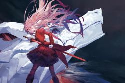 Rule 34 | 1girl, aoaso, black pantyhose, boots, brunhild (ryuugoroshi no brunhild), cover, cover page, dragon, drawing sword, dress, floating hair, highres, holding, holding sword, holding weapon, long hair, novel cover, official art, pantyhose, pink hair, profile, red dress, red eyes, ryuugoroshi no brunhild, scabbard, sheath, simple background, solo, standing, sword, textless version, unsheathing, very long hair, weapon