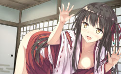 Rule 34 | 1girl, ass, bent over, breasts, brown hair, clothes lift, collarbone, hair ribbon, hakama, hakama lift, hakama skirt, highres, indoors, japanese clothes, kimono, long hair, looking back, medium breasts, miko, nemo (piisukun), nipples, open clothes, open kimono, open mouth, original, red hakama, red ribbon, red sleeves, ribbon, skirt, solo, sweatdrop, twintails, very long hair, white kimono, wide sleeves, yellow eyes