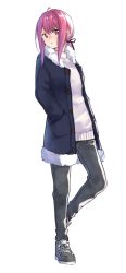 Rule 34 | 1girl, ahoge, amano mizore, blue coat, blush, closed mouth, coat, commentary request, denim, fur-trimmed coat, fur trim, grey footwear, grey pants, hair between eyes, hair ribbon, hand in pocket, head tilt, highres, jeans, long hair, looking at viewer, looking to the side, open clothes, open coat, original, pants, pink hair, red eyes, red ribbon, ribbon, shoes, sidelocks, simple background, solo, standing, standing on one leg, sweater, white background, white sweater, yuki arare