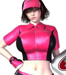 Rule 34 | 1girl, 3d, breasts, brown hair, delivery, female focus, fingerless gloves, food, gloves, hat, huge breasts, lipstick, makeup, midriff, pizza, pizza takeout obscenity, pov, rika yagyu, short hair, simple background, solo, umemaro, visor, watch, white background, zipper