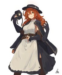 Rule 34 | 1girl, belt, black gloves, black hat, blue cape, blue skirt, breasts, brown eyes, brown hair, brown thighhighs, cape, cowboy shot, dress, extra arms, fingerless gloves, fingernails, gloves, grin, hair between eyes, hat, highres, lansane, large breasts, legs apart, looking at viewer, mask, nail polish, one eye closed, original, plague doctor mask, quadriri (lansane), red nails, scar, signature, simple background, skirt, smile, solo, thighhighs, unworn mask, white background, white dress