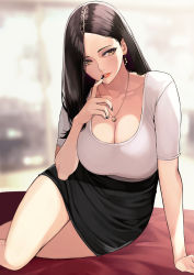 Rule 34 | 1girl, black hair, black nails, black skirt, blurry, blurry background, breasts, cleavage, collarbone, crescent, crescent necklace, earrings, finger to mouth, fingernails, highres, jewelry, large breasts, leaning, lipstick, long hair, makeup, mature female, nail polish, necklace, original, parted lips, shirt, short sleeves, sitting, skirt, smile, solo, takoneru, white shirt, yellow eyes