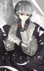 Rule 34 | 1girl, angel wings, arm rest, blurry, bow, bowtie, braid, depth of field, dress, english text, feathers, finger to mouth, french braid, gradient background, grey background, grey jacket, highres, jacket, kaitou0215, kishin sagume, light particles, looking at viewer, purple dress, red eyes, red pupils, short hair, signature, silver hair, single wing, smile, solo, touhou, wings