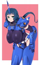 Rule 34 | 10s, 1980s (style), 1girl, bad id, bad pixiv id, blue hair, bouncing breasts, breasts, covered erect nipples, green eyes, gundam, gundam 0080, gundam build fighters, hanging breasts, huge breasts, impossible clothes, iori rinko, kampfer (mobile suit), looking at viewer, mature female, mecha, motion lines, oldschool, pink background, ponytail, retro artstyle, robot, simple background, smile, solo, sunrise (company), vuccha