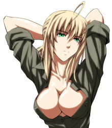 Rule 34 | 00s, 1girl, ahoge, alternate breast size, alternate costume, artoria pendragon (all), artoria pendragon (fate), blonde hair, breasts, cleavage, face, fate/stay night, fate/zero, fate (series), green eyes, imizu (nitro unknown), large breasts, open clothes, open shirt, saber (fate), shirt, sleeves rolled up, solo