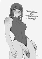 Rule 34 | 1futa, absurdres, bad id, bad pixiv id, blush, breasts, clothing aside, collarbone, commentary, covered erect nipples, covered navel, english commentary, english text, fingernails, flaccid, from above, futanari, greyscale, highleg, highleg leotard, highres, large penis, leotard, leotard aside, linea alba, looking at viewer, medium breasts, medium hair, monochrome, naughty face, original, penis, pov, ringed eyes, solo, speedl00ver, standing, testicles, thick thighs, thighs, toned, uncensored, veins, veiny penis, you gonna get raped