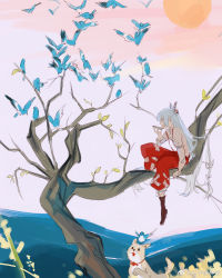 Rule 34 | 1girl, arm support, bare tree, bird, blue bird, boots, bow, brown footwear, chinese commentary, commentary request, cup, dog, flock, from side, fujiwara no mokou, gu yue yuan, hair bow, highres, holding, holding cup, in tree, leaf, long hair, long sleeves, ofuda, ofuda on clothes, pants, parted lips, red eyes, red pants, sakazuki, shirt, sitting, sitting in tree, sketch, solo, sun, suspenders, touhou, tree, very long hair, weibo logo, weibo watermark, white bow, white hair, white shirt, wide shot