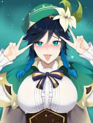 Rule 34 | 1girl, absurdres, black hair, blush, breasts, double v, genderswap, genderswap (mtf), genshin impact, green eyes, hat, highres, large breasts, peace symbol, salute, tongue, tongue out, v, venti (genshin impact)