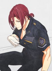 Rule 34 | 10s, 1boy, alternate costume, alternate hairstyle, free!, gloves, grey background, half-closed eyes, looking at viewer, male focus, matsuoka rin, megumi-square, muscular, naughty face, nipples, parted lips, pectorals, police, police uniform, ponytail, pov, red eyes, simple background, sitting, smile, solo, uniform, white gloves
