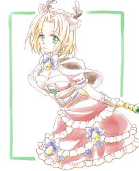 Rule 34 | 1girl, bell, blonde hair, breasts, cecilia lynne adelhyde, christmas, cleavage, closed mouth, dress, gloves, green eyes, hairband, jingle bell, looking at viewer, short hair, smile, solo, staff, wild arms, wild arms: million memories, wild arms 1